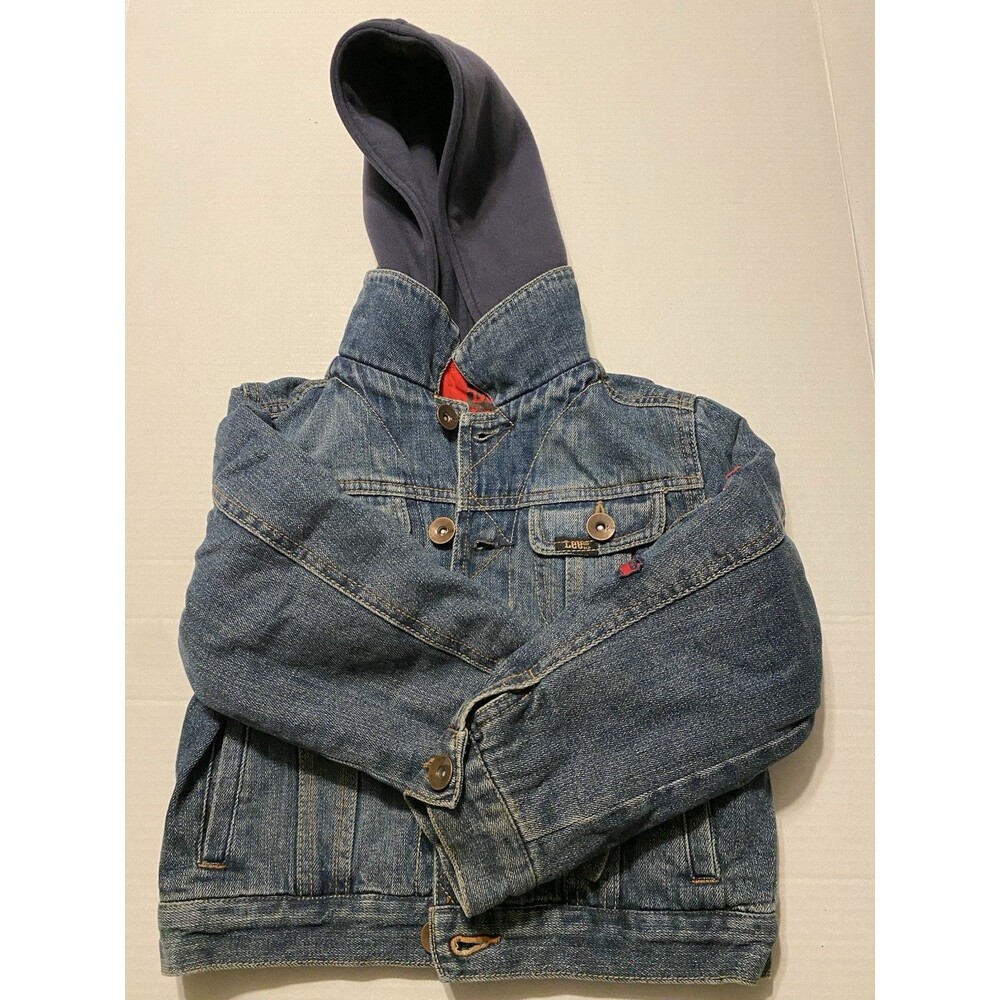 y2k Jean Denim Jacket Fleece Lined Hoodie Boys M 5/6 LEE Pipes Warm Coat Patches